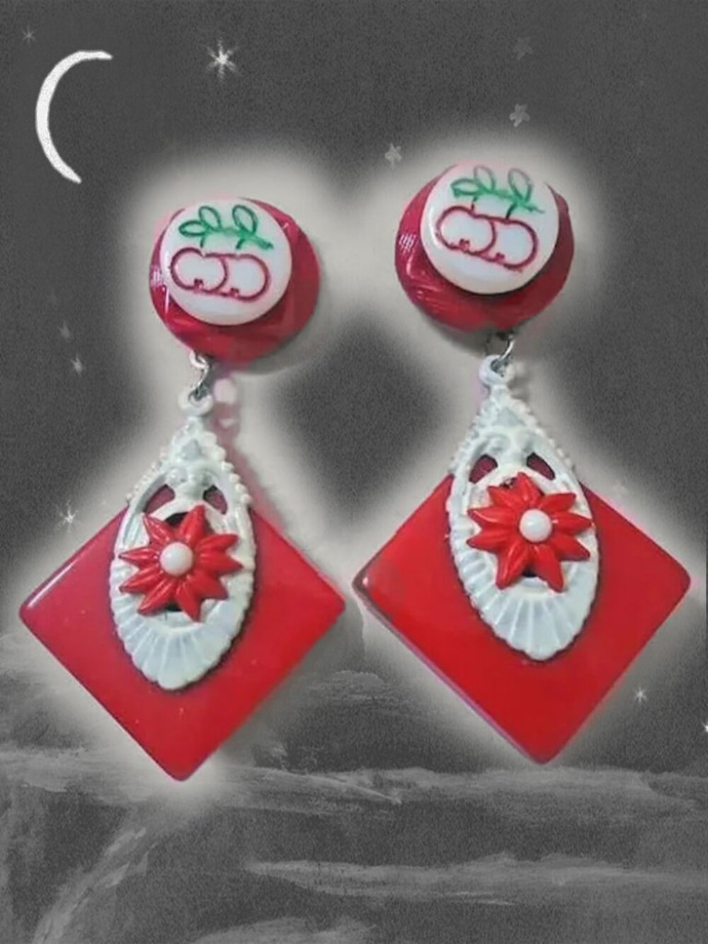 Dangle Earrings Red White Cherry Earring Set OOAK Recycled Vintage Y2K Indie Kid